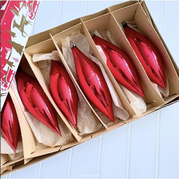 ONE BOX Vintage Old World Christmas Ornaments Teardrop Icicle Glass Red Set x6 - Picture 10 of 10